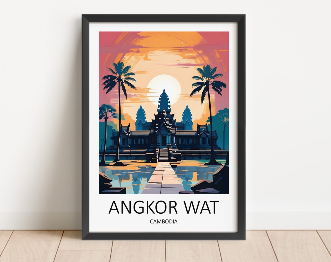 Angkor Wat Cambodia Temple Sunset Palms Reflection Travel Poster