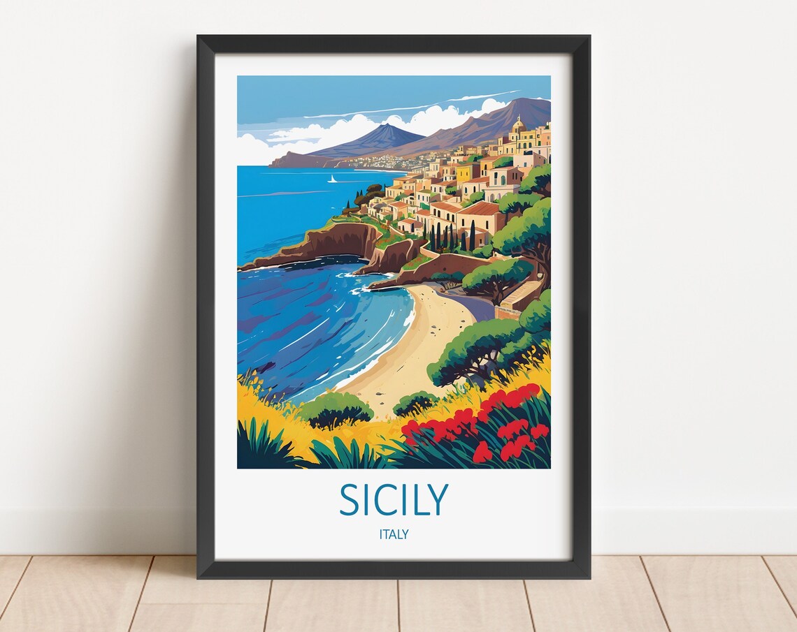 Sicily Italy Coastal Town Cliffs Beach Blossoms Scenic Travel Poster