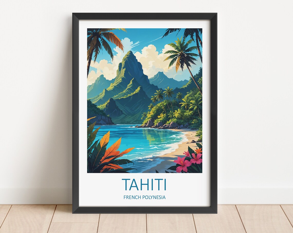Tahiti French Polynesia Volcanic Island Lagoon Beach Travel Poster