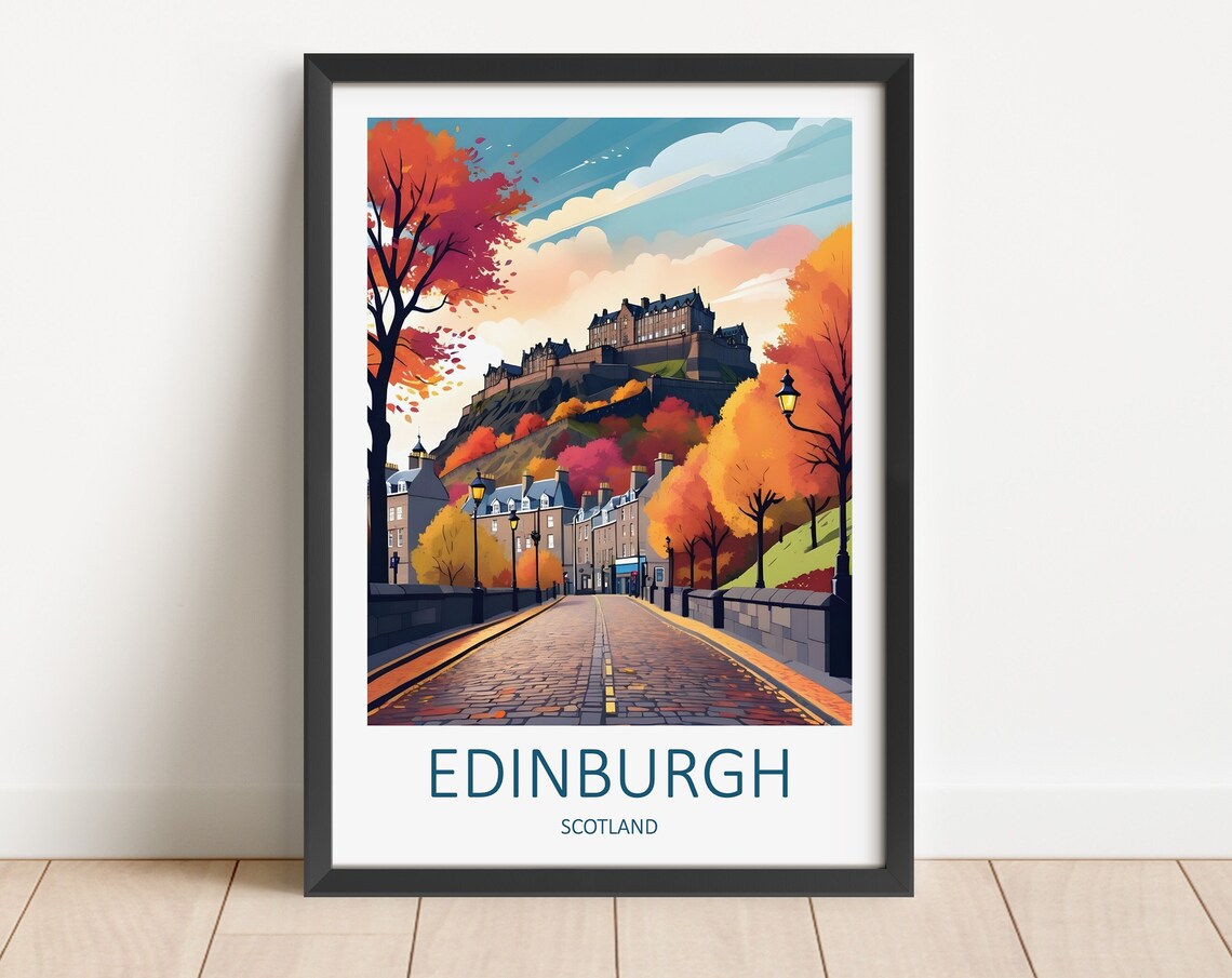 Edinburgh Scotland Castle In Autumn Cobblestone Street Poster