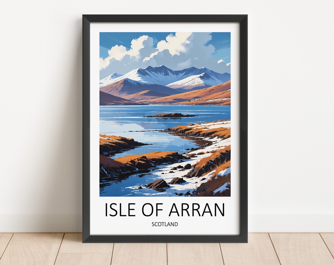 Isle Of Arran Scotland Snow Capped Peaks Above Rocky Shore Poster