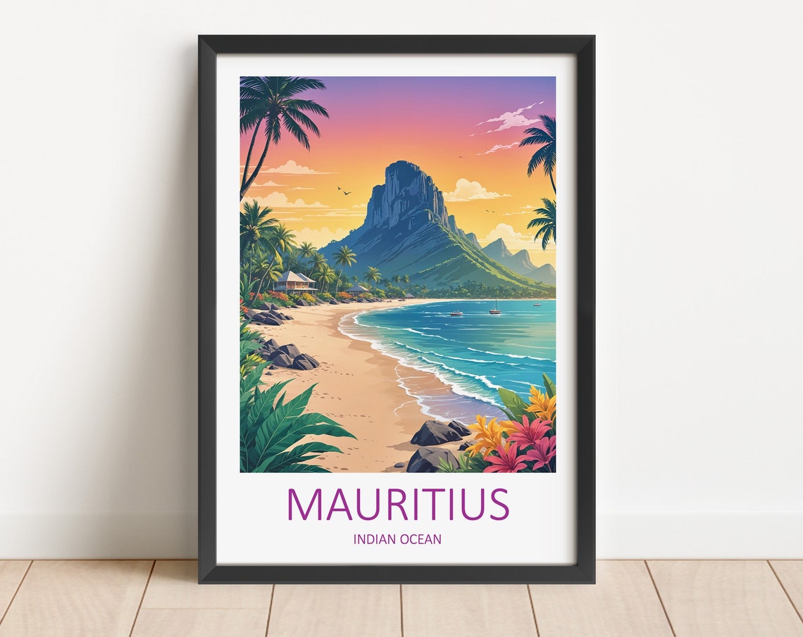 Mauritius Indian Ocean Beach at Sunset With Tropical Mountain Poster