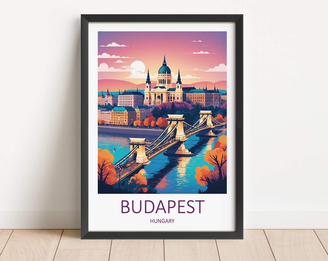 Budapest Hungary Chain Bridge Basilica Sunset Danube Travel Poster