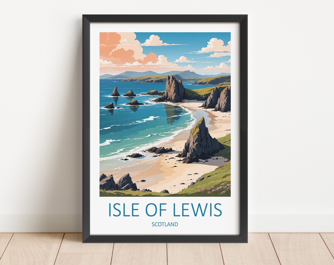 Isle Of Lewis Scotland Sea Stacks Sandy Beach Vintage Travel Poster