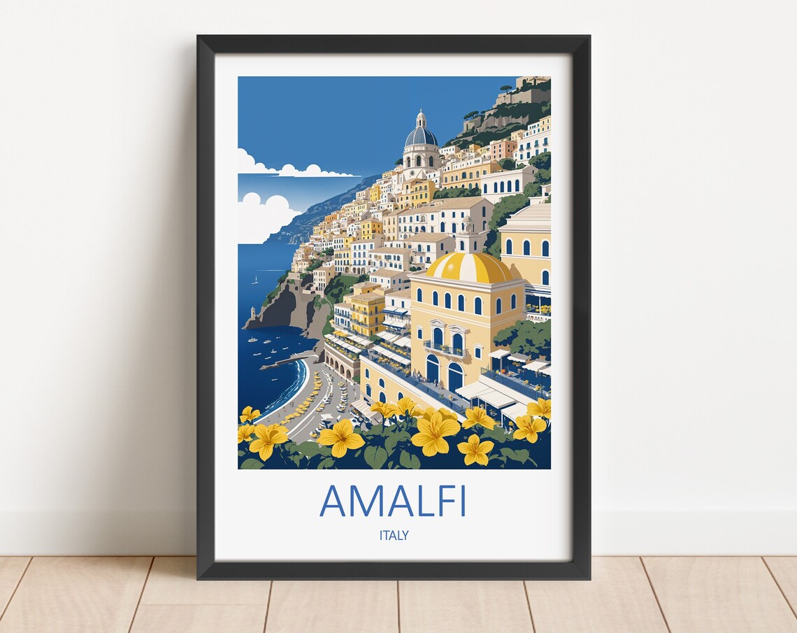 Amalfi Italy Daytime Cliffside Town Yellow Flowers Travel Poster
