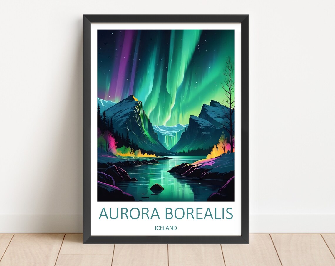 Aurora Borealis Iceland Night Mountain Lake Glow Travel Poster