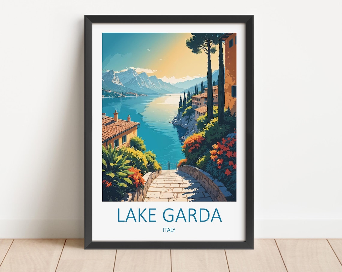 Lake Garda Italy Cypress Steps Lakeside Village Terrace Poster