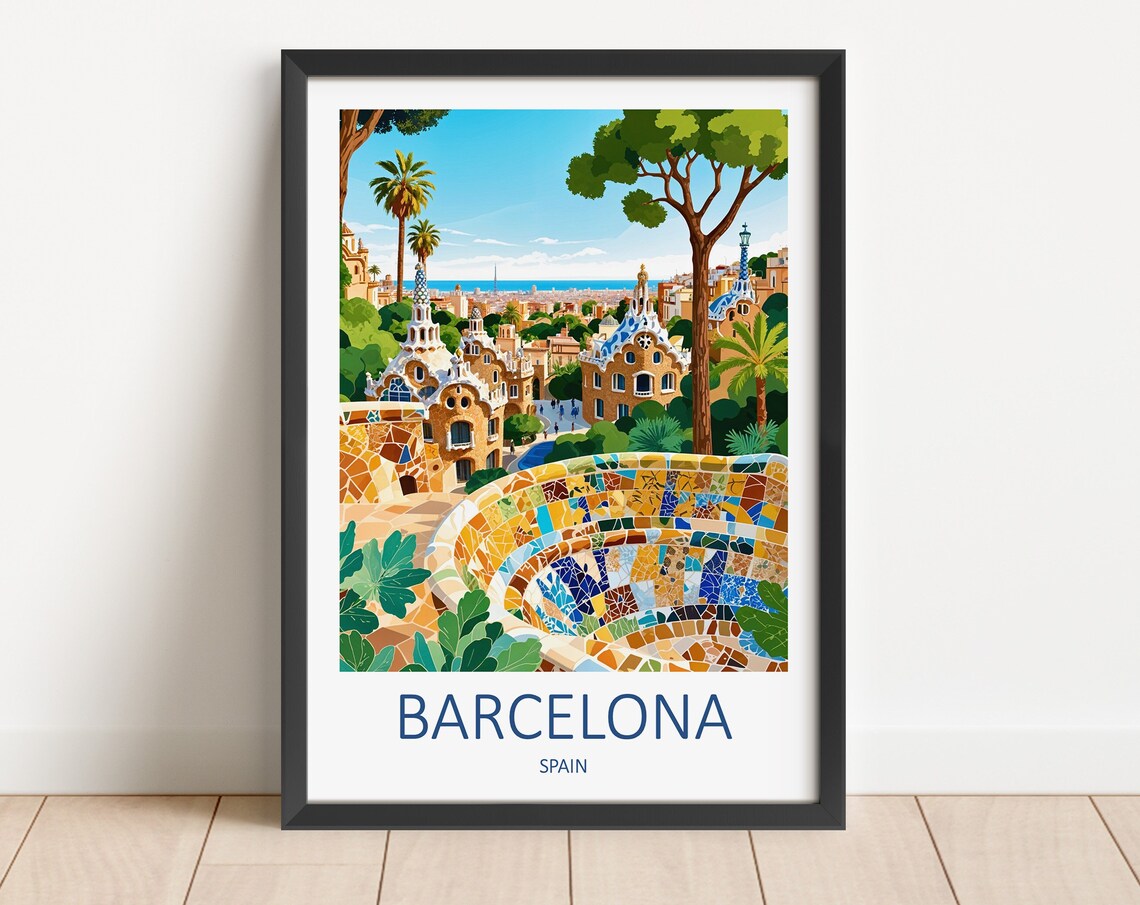 Barcelona Spain Park Guell Gaudi Mosaic Terrace Travel Poster