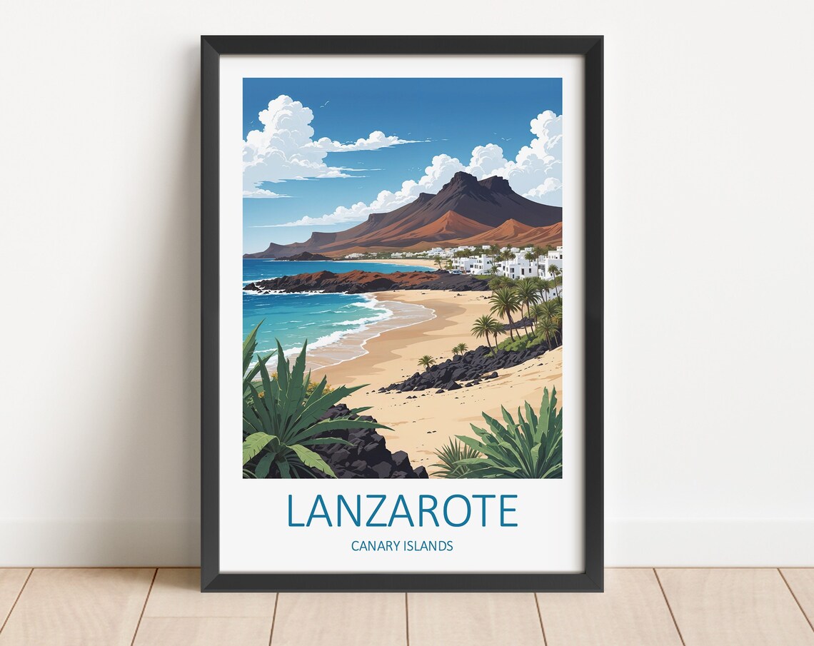 Lanzarote Canary Islands Volcano Golden Beach Palms Travel Poster