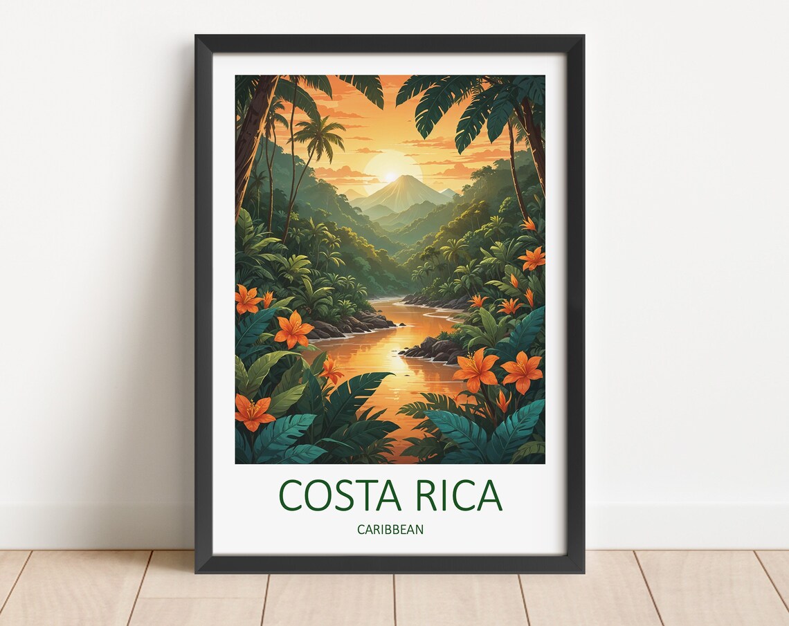 Costa Rica Caribbean Tropical Jungle River Sunset Volcano View Poster