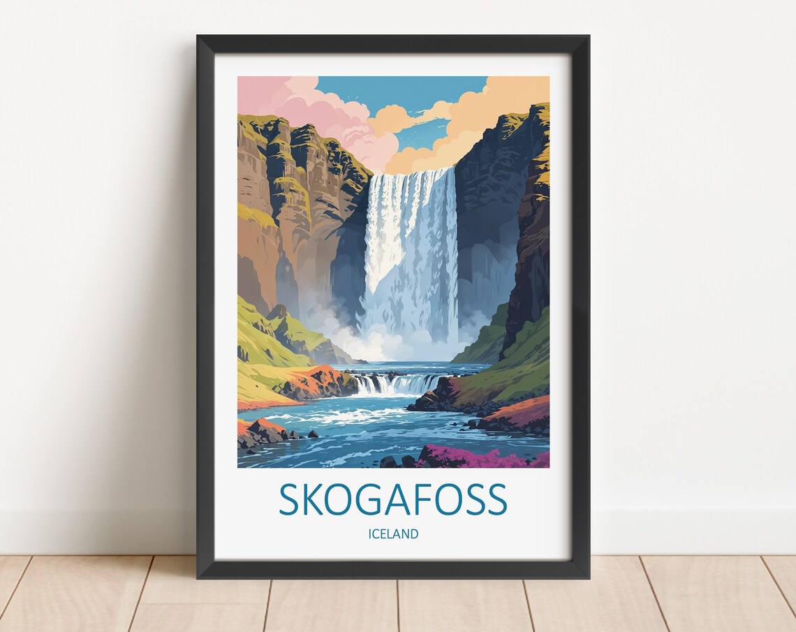 Skogafoss Iceland Majestic Waterfall Green Canyon Travel Poster
