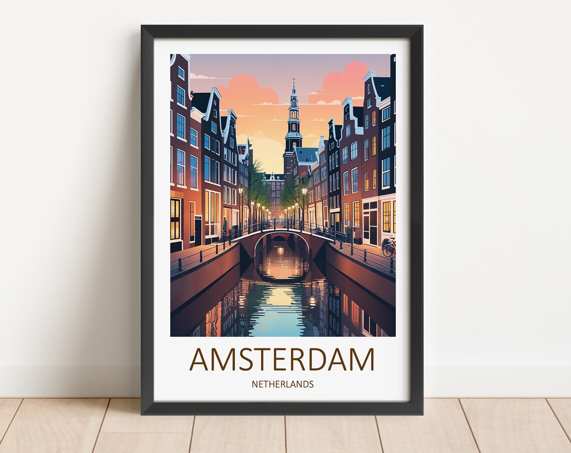 Amsterdam Netherlands Canal Houses Dusk Bridge Lights Travel Poster
