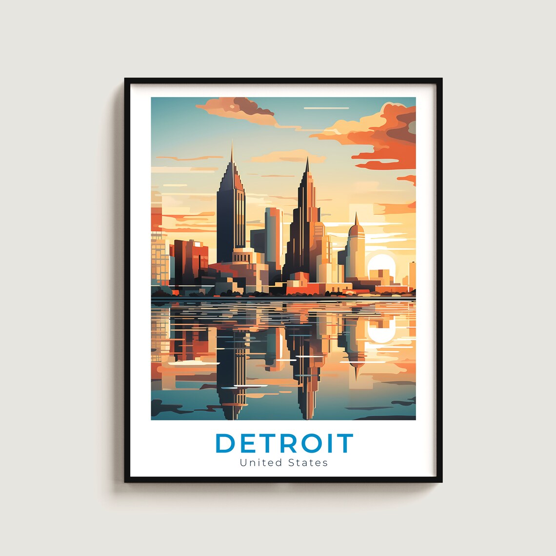 Detroit Michigan Skyline Sunset Water Reflection Vintage Travel Poster