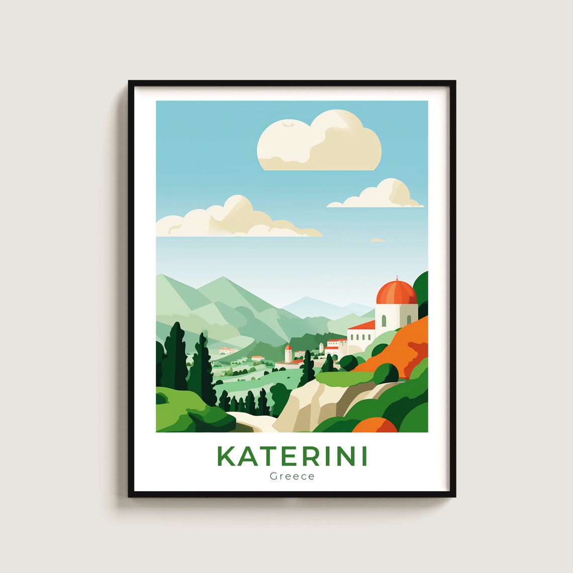 Katerini Greece Green Valley Mountains Red Dome Travel Poster
