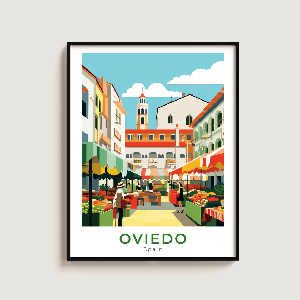 Oviedo Spain Street Market Colorful Awnings Church Travel Poster