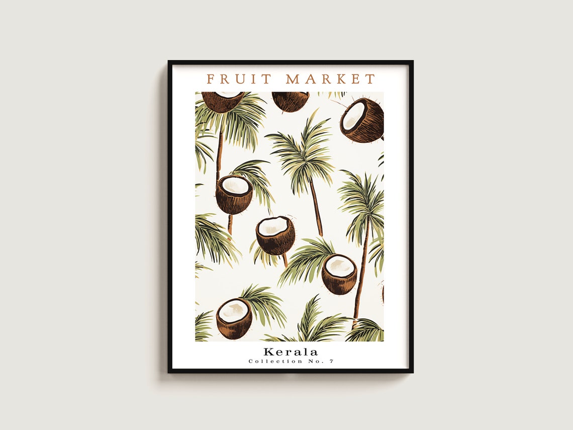 Kerala Coconut Palm Fruit Market Tropical No. 7 Botanical Poster