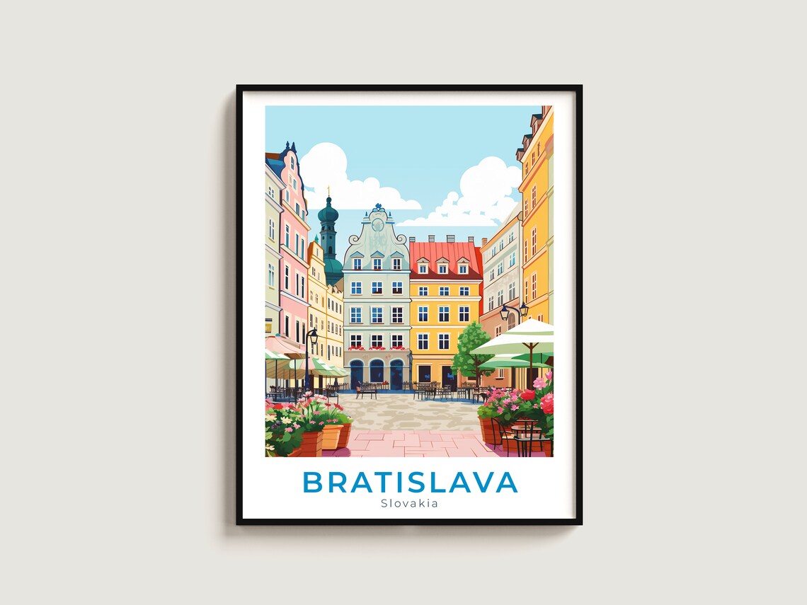 Bratislava Slovakia Old Town Square Flowers Vintage Travel Poster
