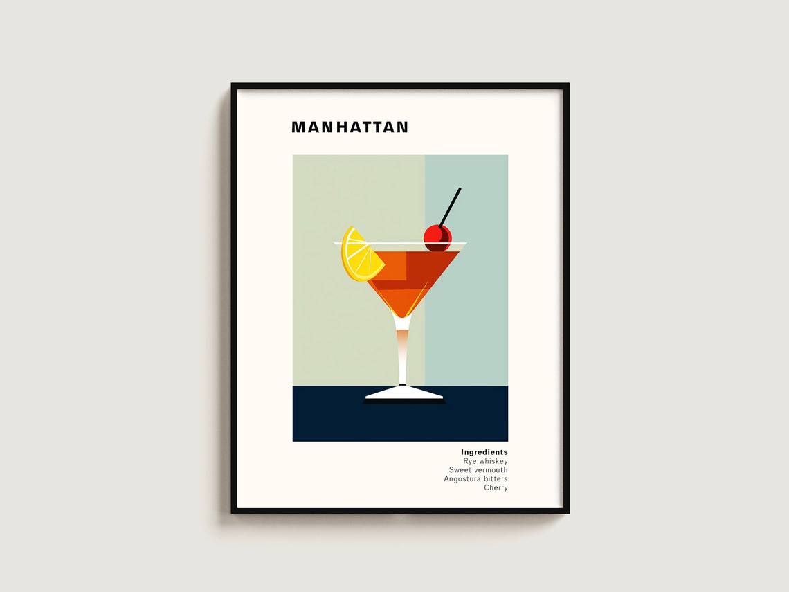 Manhattan Cocktail Minimalist Whiskey Cherry Recipe Wall Poster