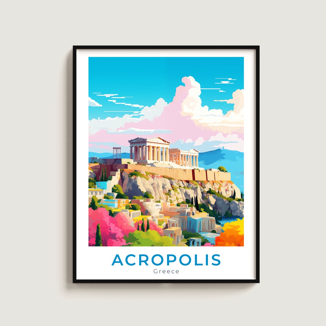 Acropolis Greece Parthenon Over Colorful City Rooftops Travel Poster