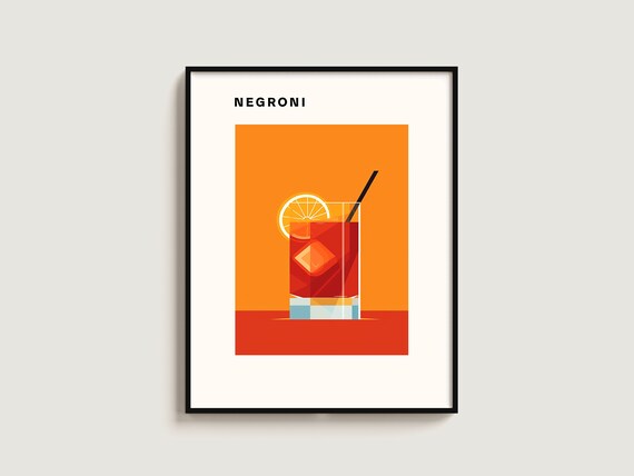 Negroni Cocktail Minimalist Kitchen Art Poster Orange Retro Bar Drink Decor