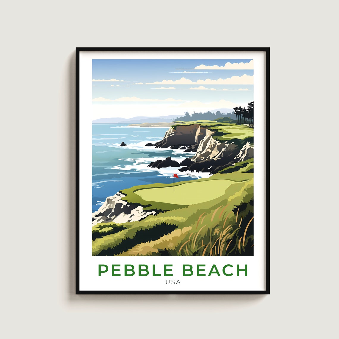 Pebble Beach California Cliffside Golf Green Ocean Travel Poster