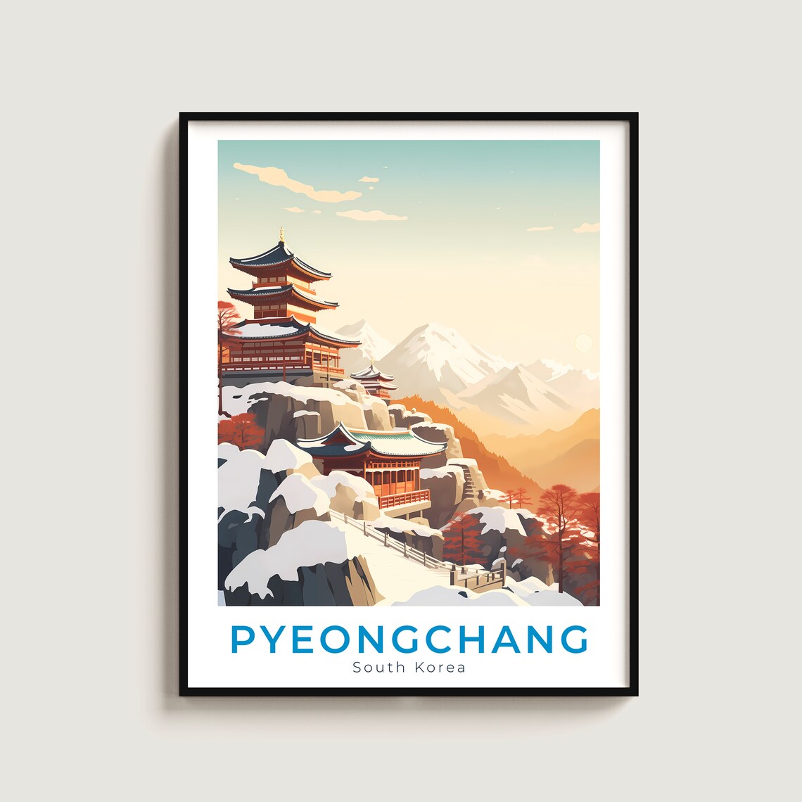 Pyeongchang South Korea Snowy Temple Mountain Winter Art Poster