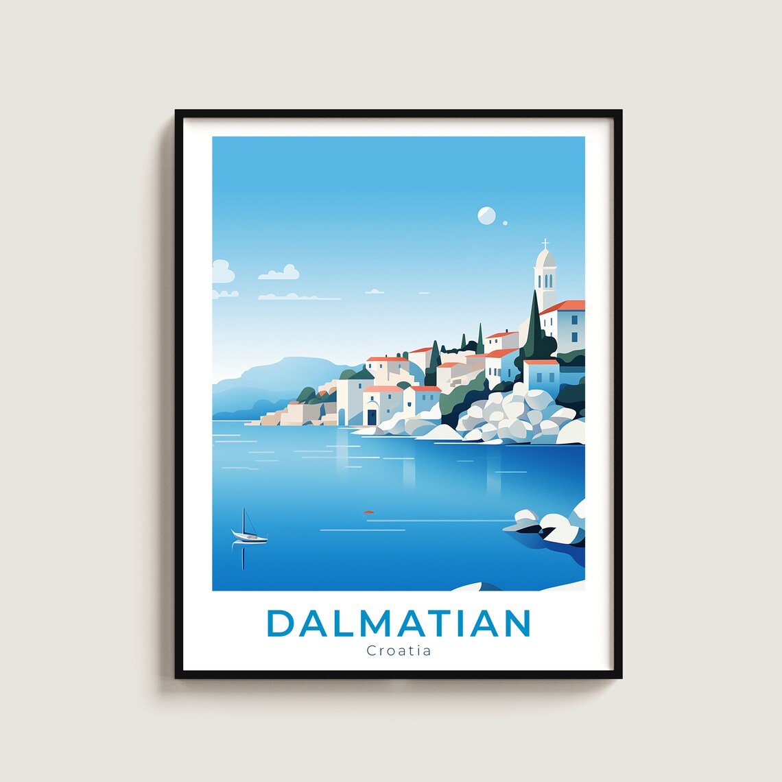Dalmatian Coast Croatia White Village Church Sailboat Travel Poster