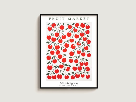 Cherries Fruit Poster Gift Michigan Market Print Botanical Art