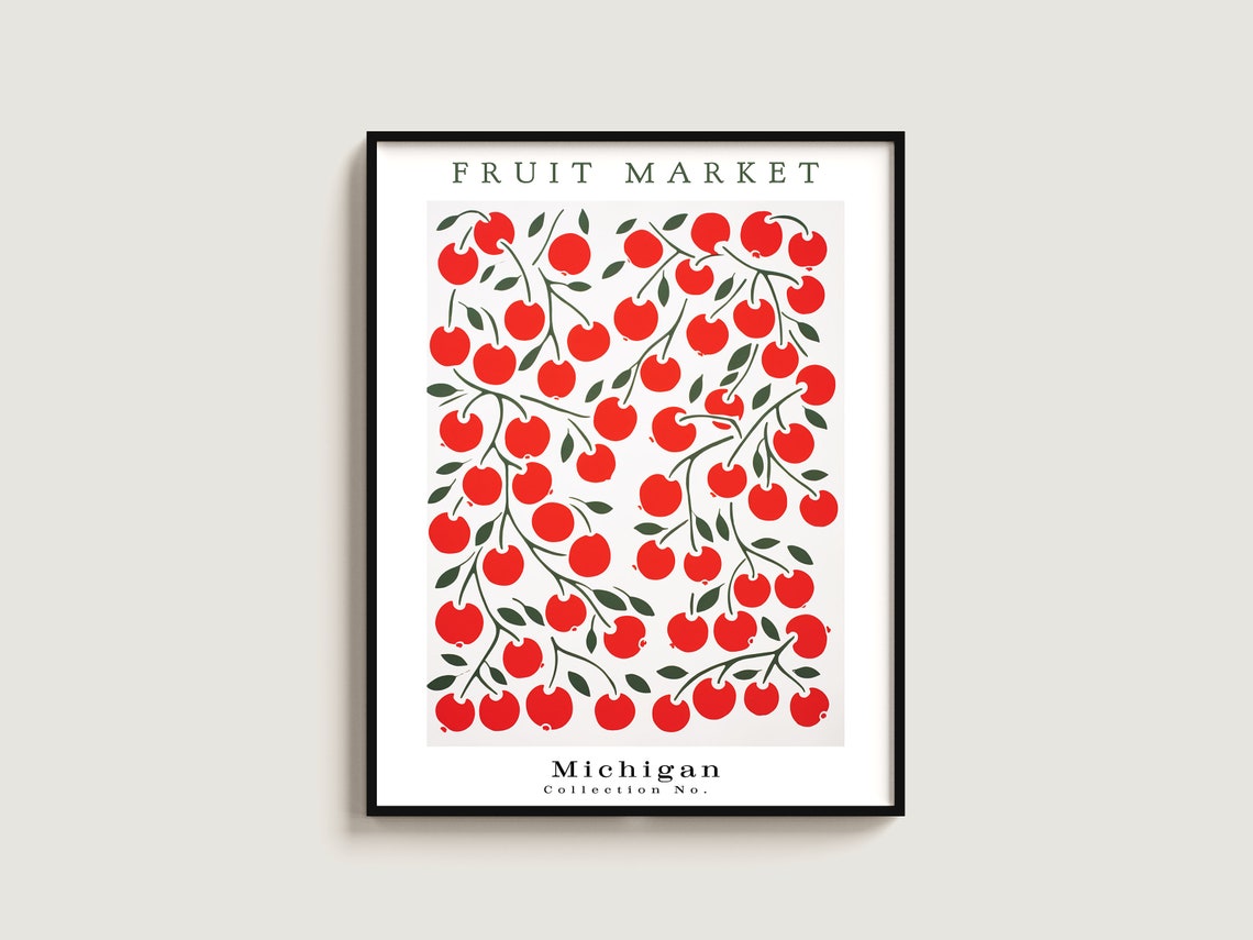Michigan Cherry Branch Fruit Market Red Botanical Collection Poster