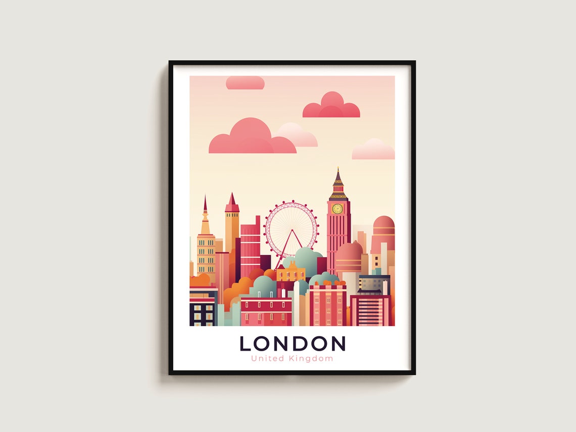 London United Kingdom Big Ben London Eye Sunset Skyline Poster