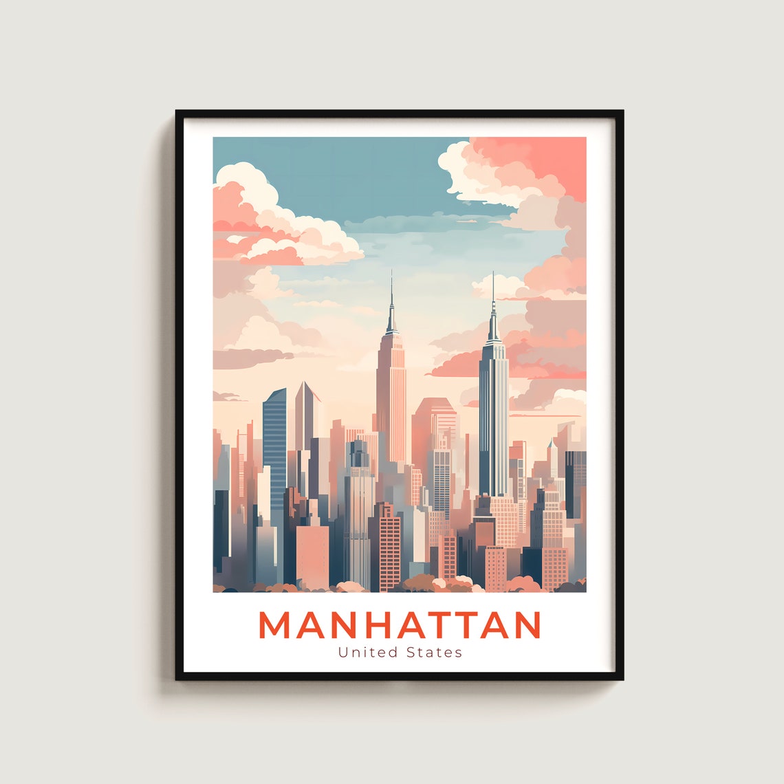 Manhattan New York City Skyline Empire State Sunset Travel Poster