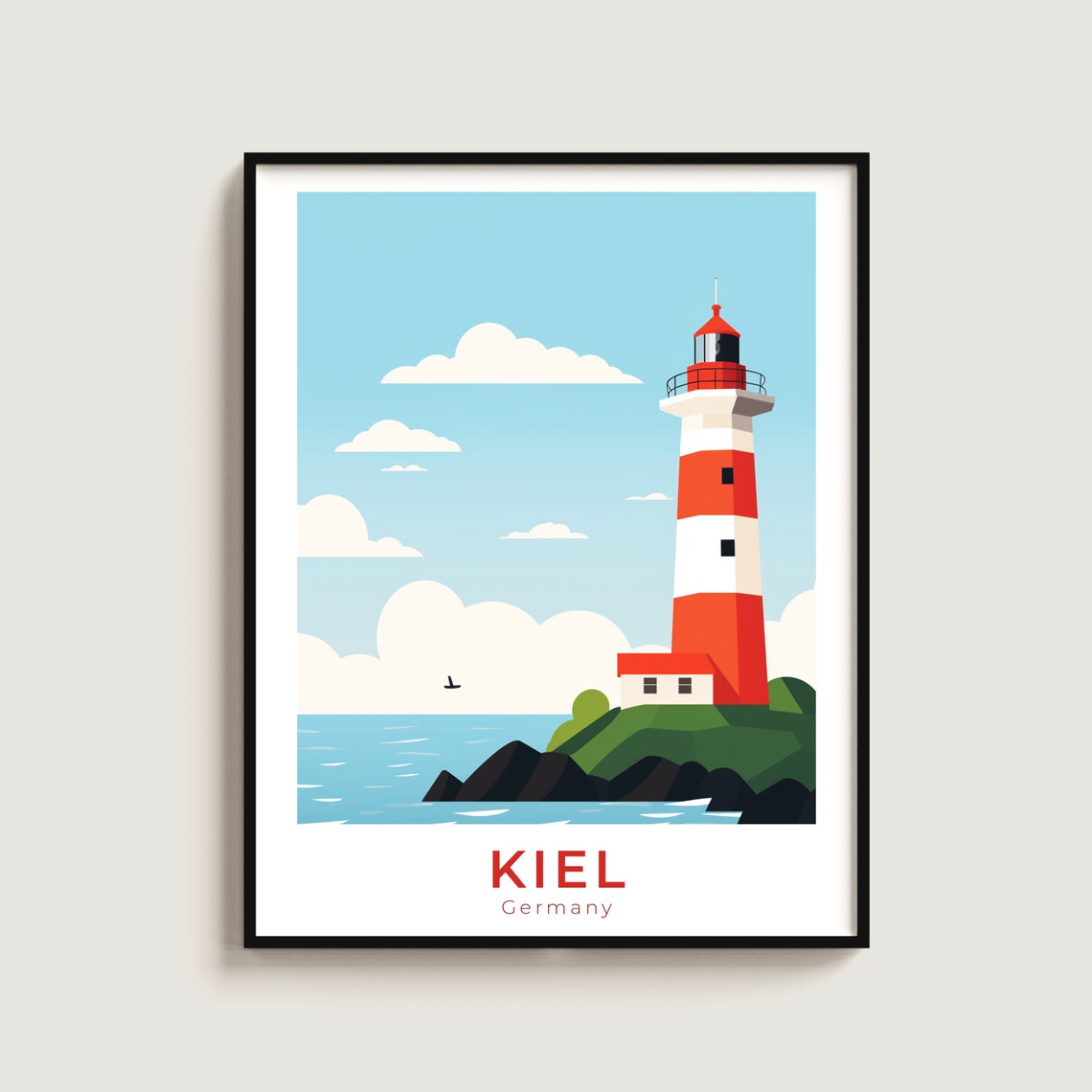 Kiel Germany Red Lighthouse Coastal Vintage Travel Poster Sea Decor