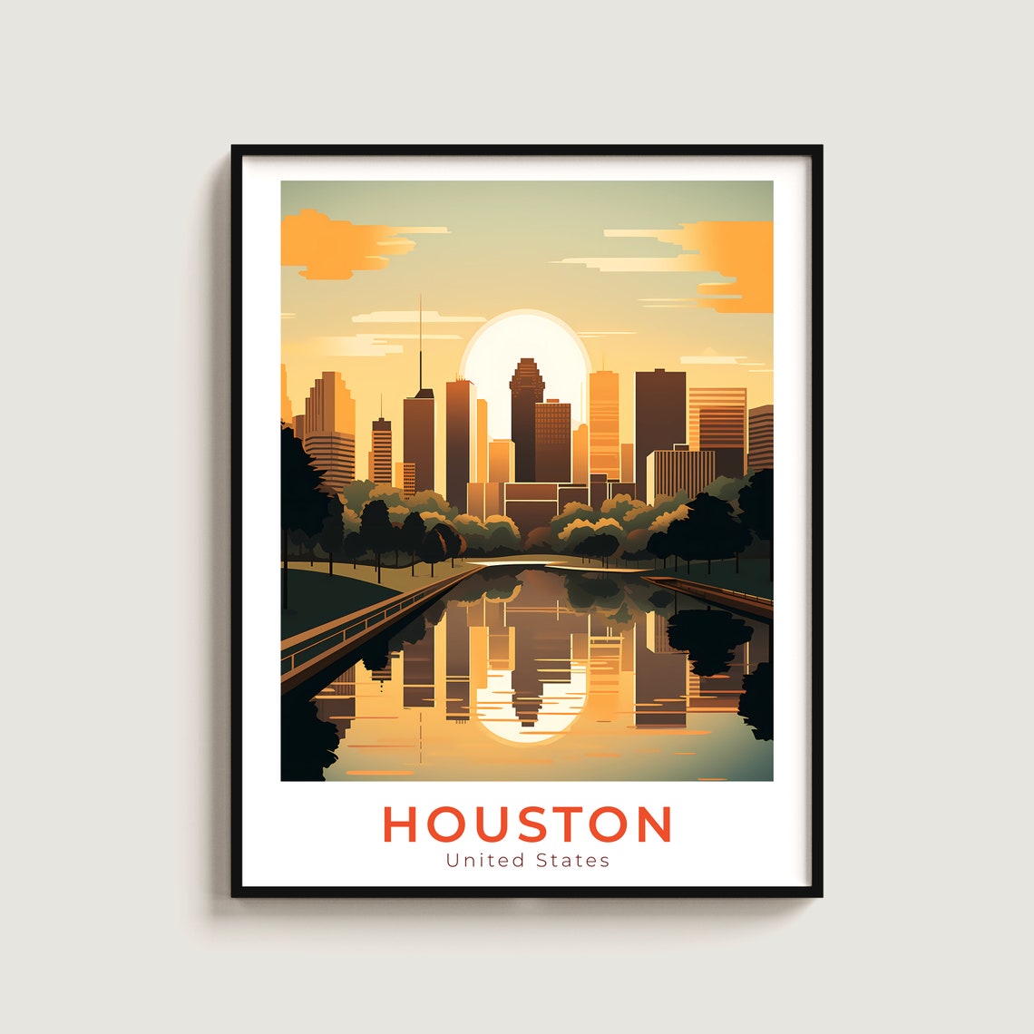 Houston Texas Sunset Skyline Bayou Reflection Vintage Travel Poster