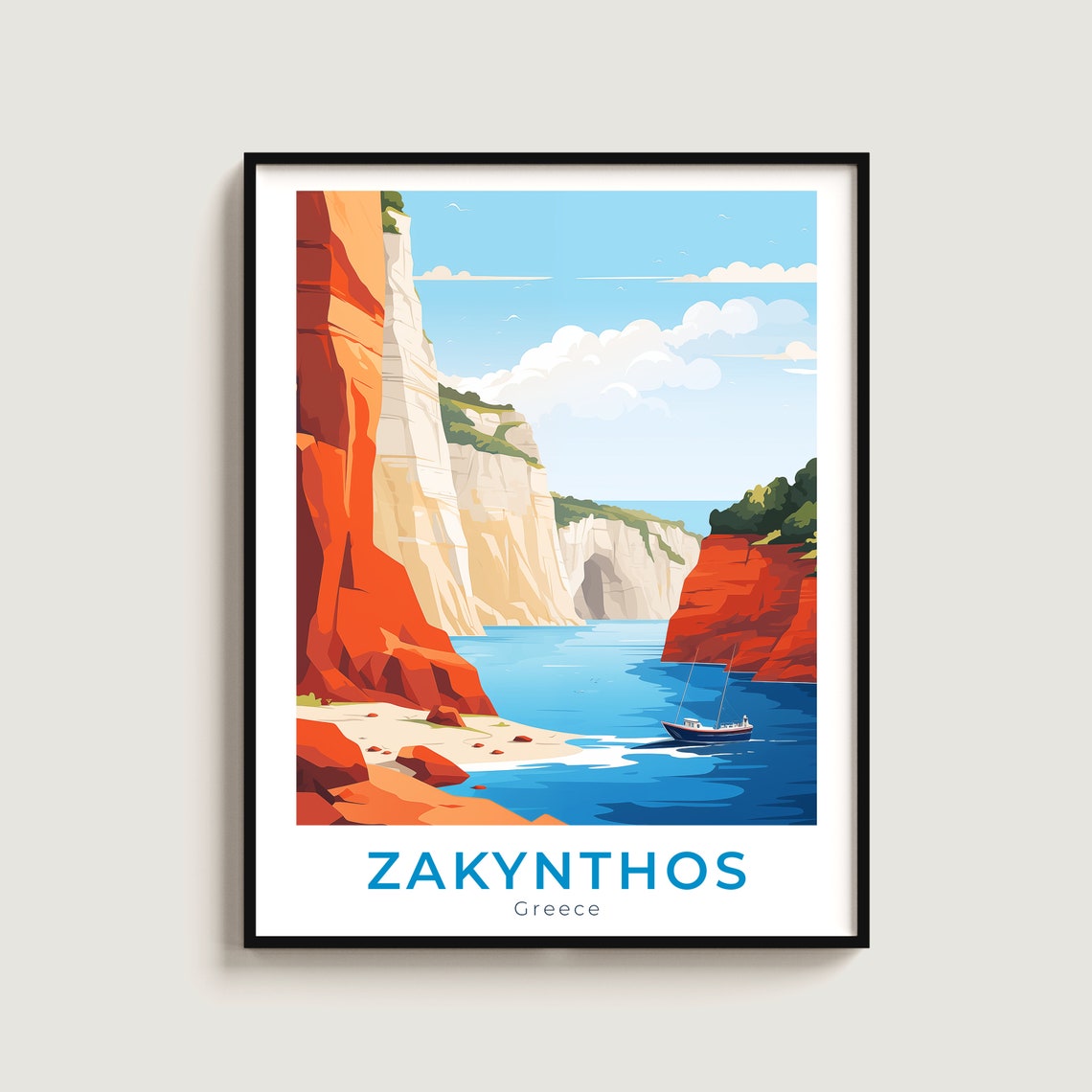 Zakynthos Greece Red Cliff Beach Cove Blue Sea Travel Poster Art