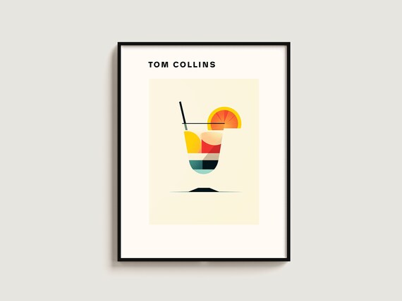 Tom Collins Citrus Cocktail Minimalist Illustration Home Bar Poster