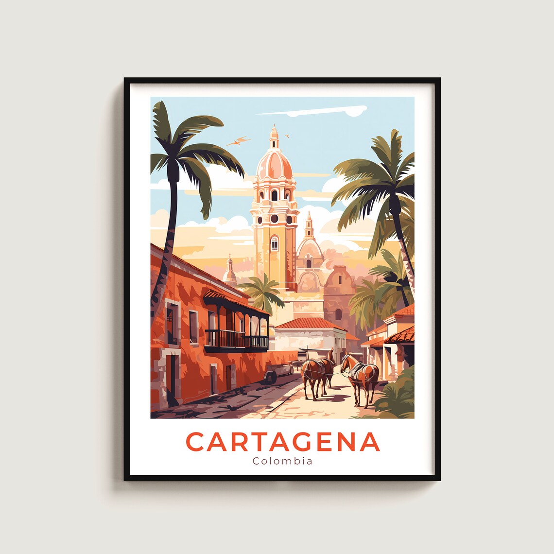 Cartagena Colombia Cathedral Tower Old Town Street Travel Poster