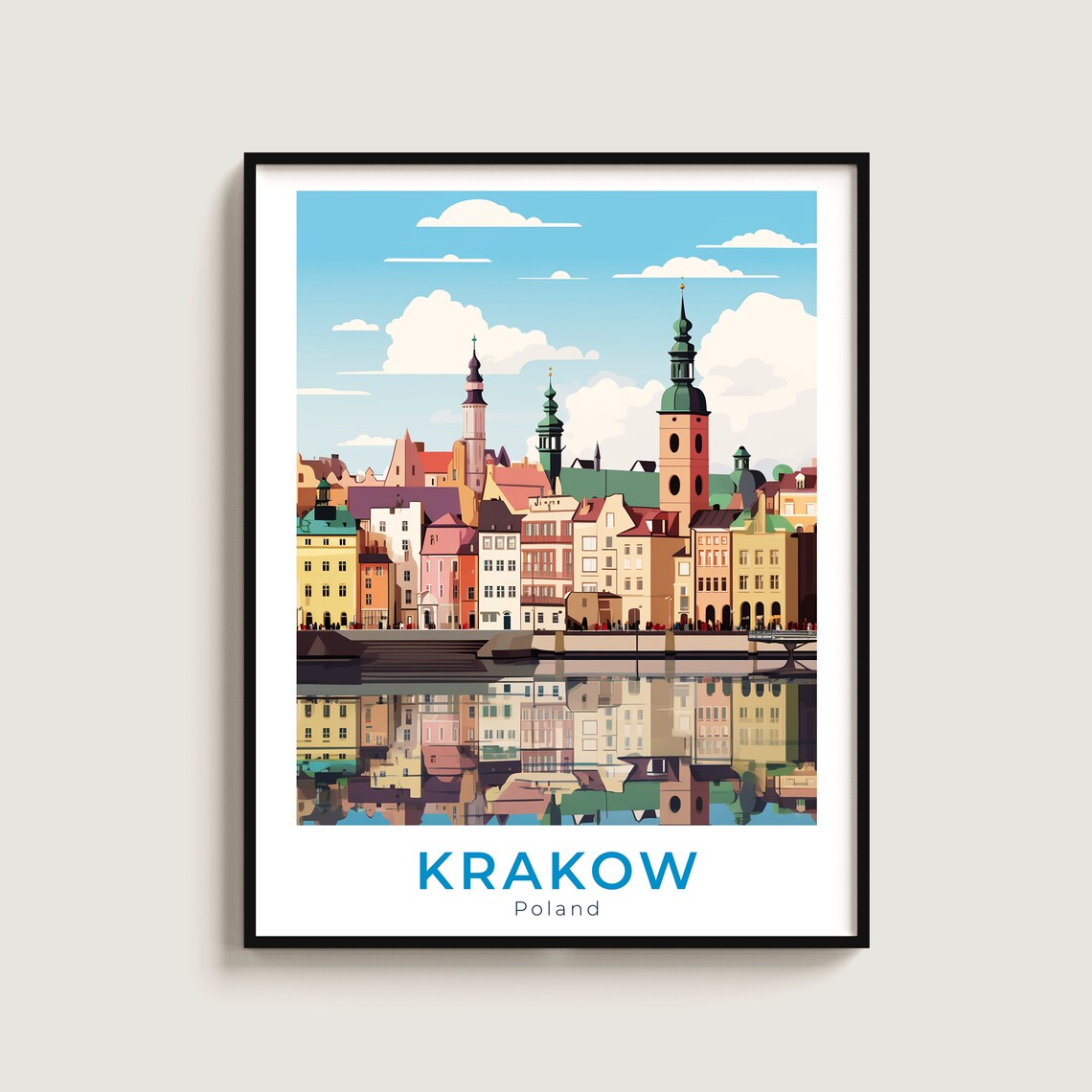 Krakow Poland Historic Old Town Church Spires River Travel Poster