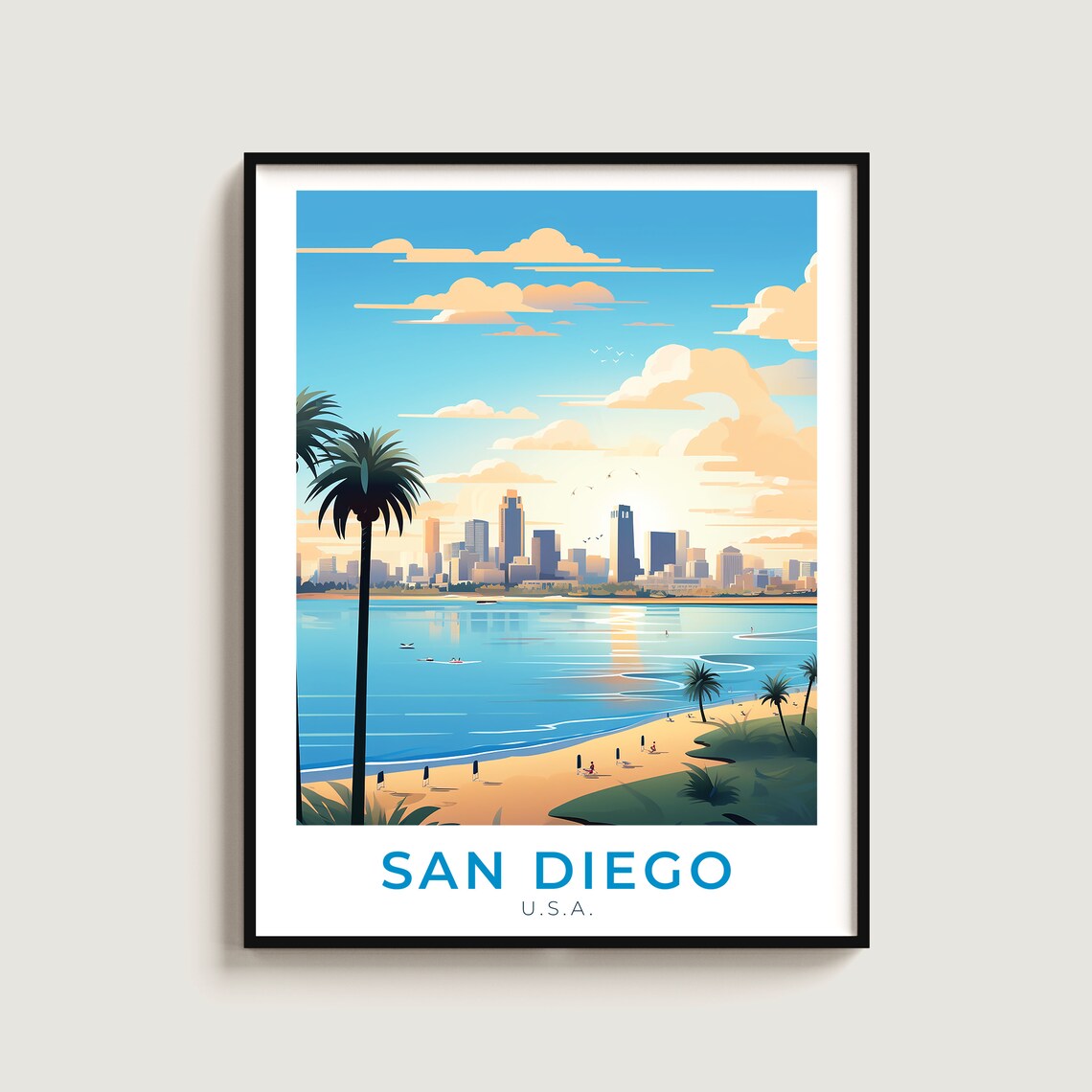 San Diego California Bay Skyline Beach Palm Waterfront Travel Poster