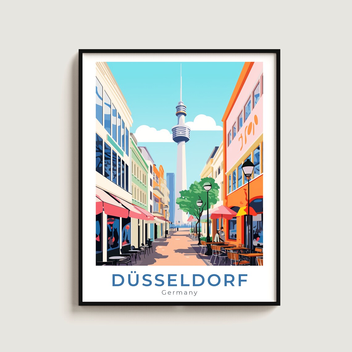 Dusseldorf Shopping Street Cafes TV Tower Illustrated Travel Poster