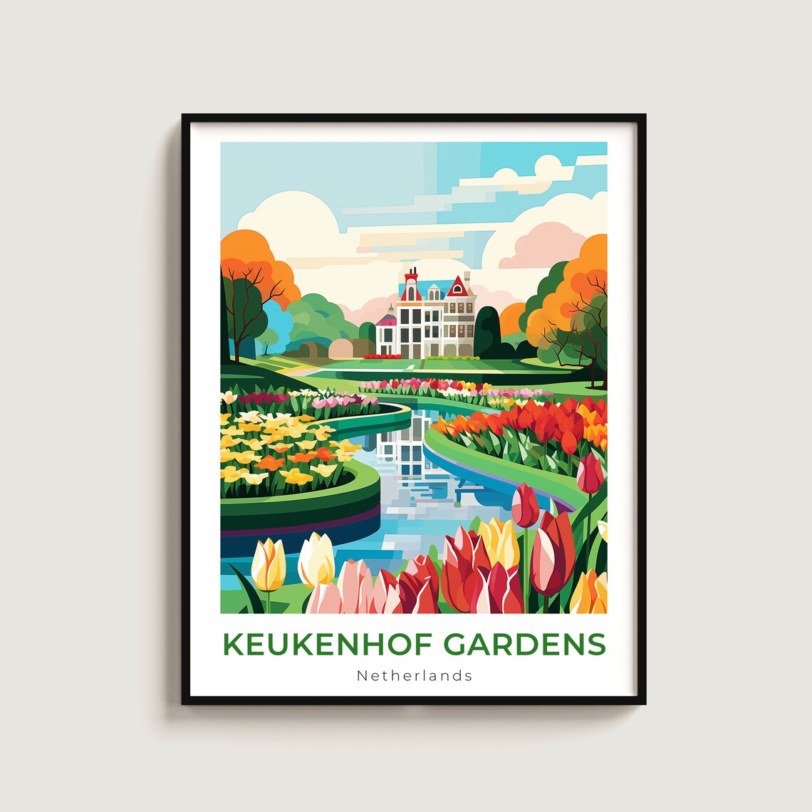 Keukenhof Gardens Netherlands Tulip Fields Canal Vintage Poster