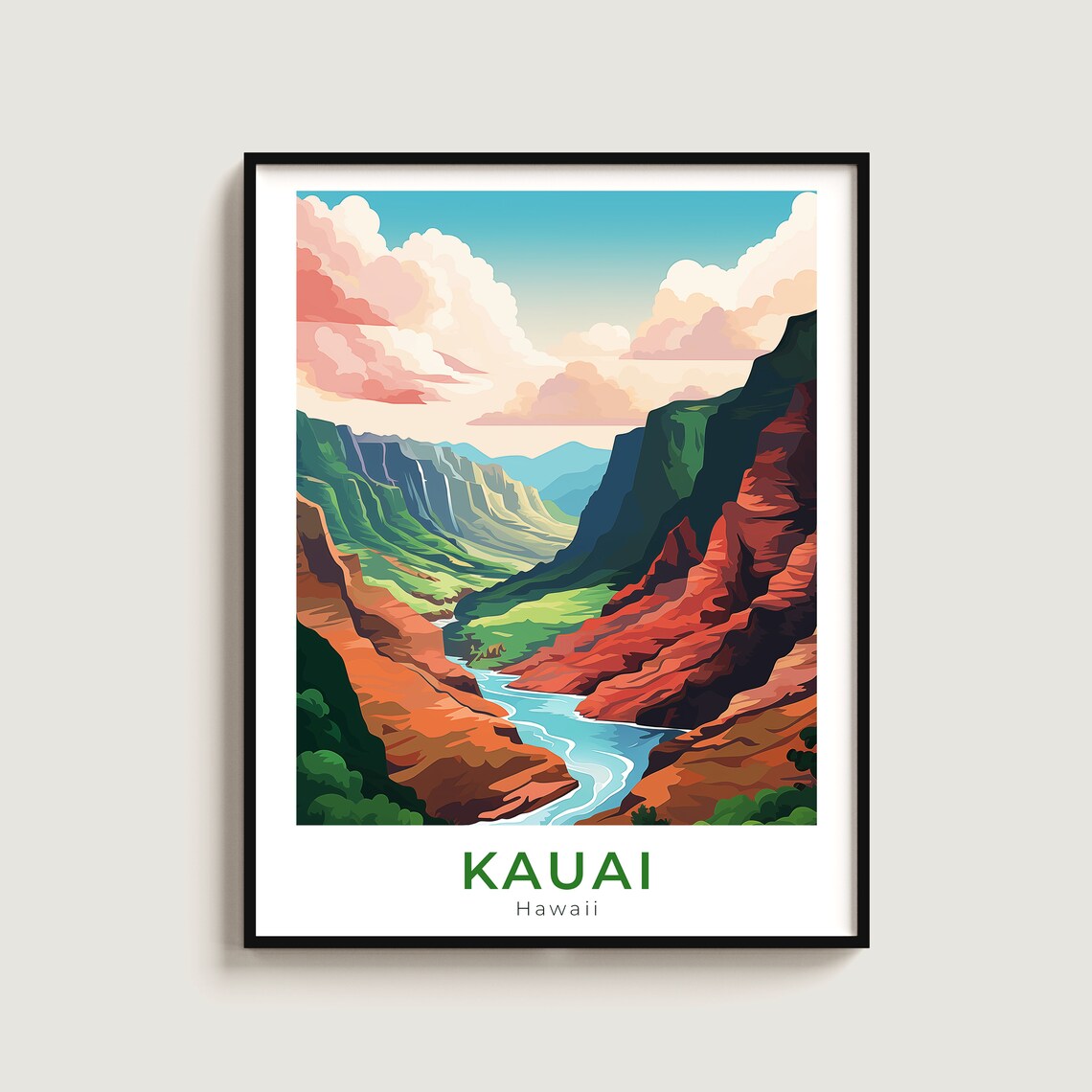 Kauai Hawaii Canyon River Lush Tropical Valley Travel Poster