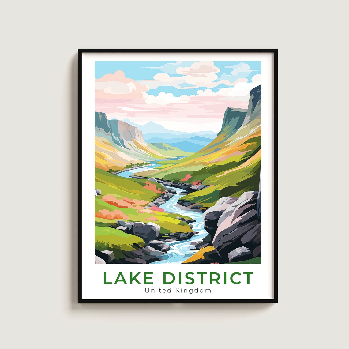 Lake District England Colorful Valley River Travel Art Poster