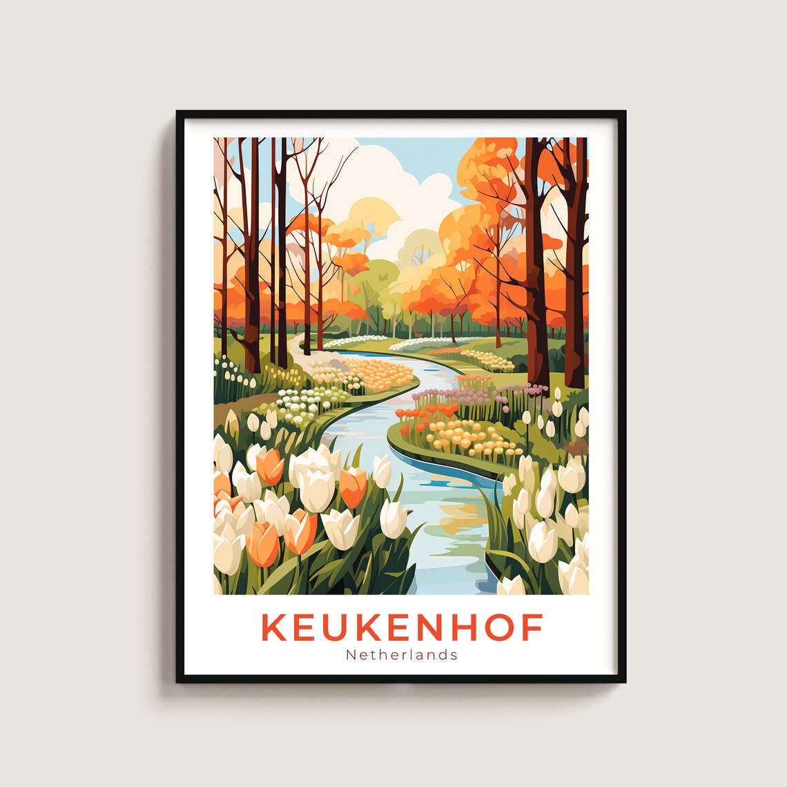 Keukenhof Netherlands Tulip Garden Stream Vintage Travel Poster