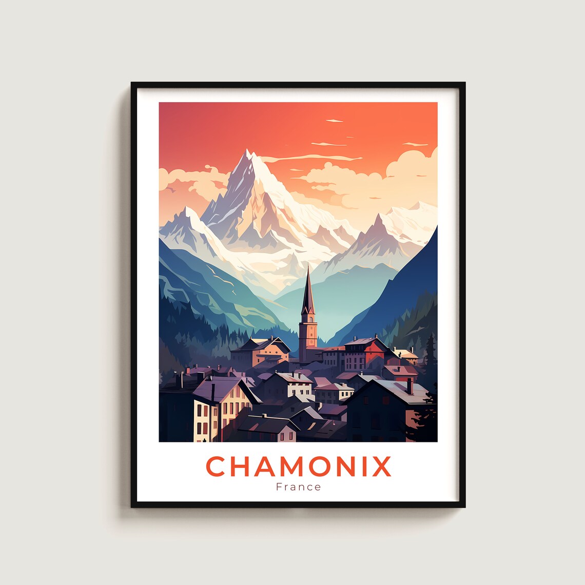 Chamonix France Sunset Mountain Peak Village Church Ski Resort Poster