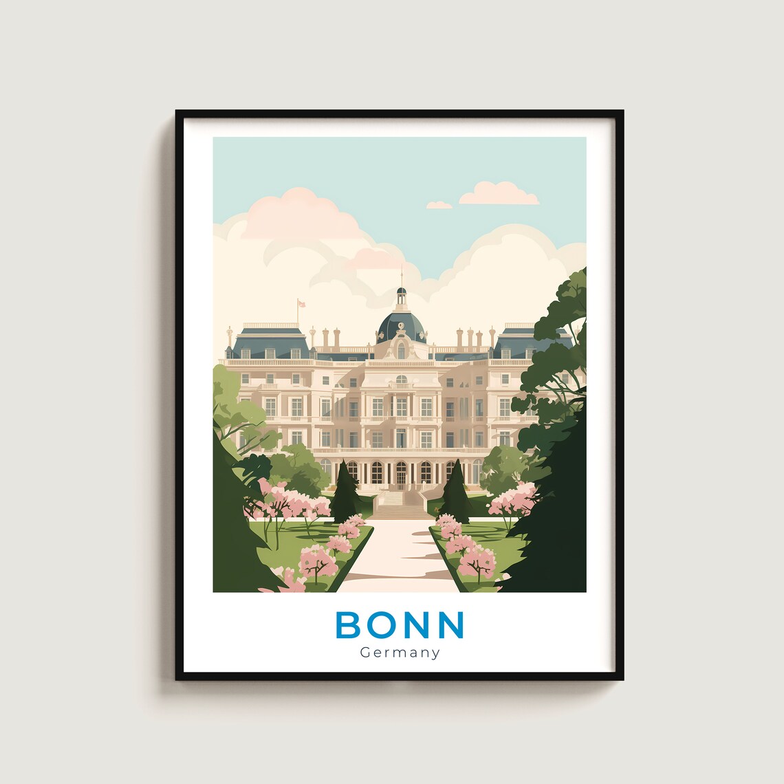 Bonn Germany Baroque Palace Blossom Gardens Landmark Travel Poster