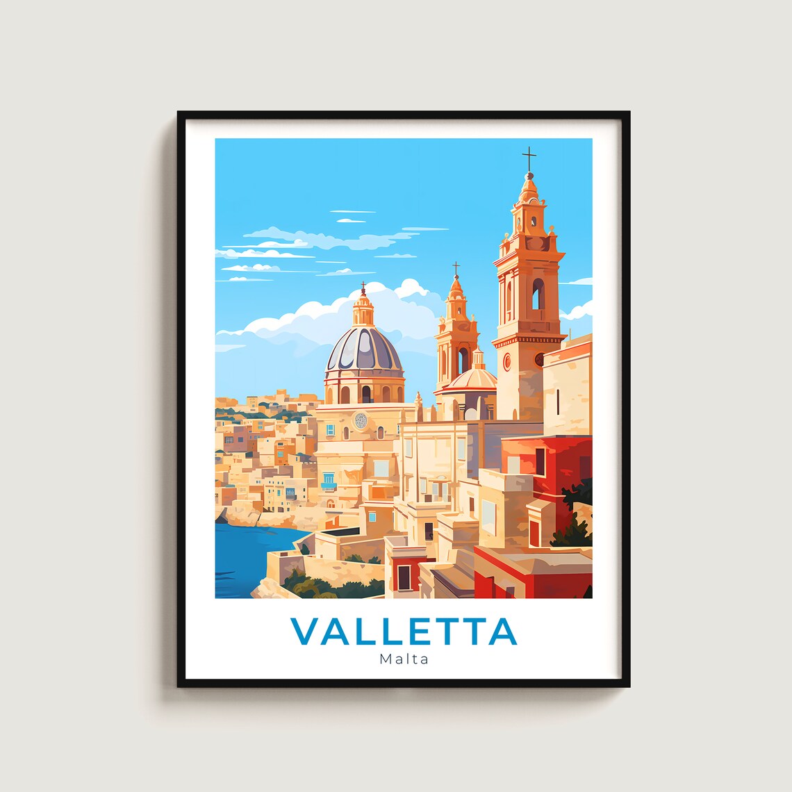Valletta Malta Baroque Domes Harbor Old City Skyline Travel Poster