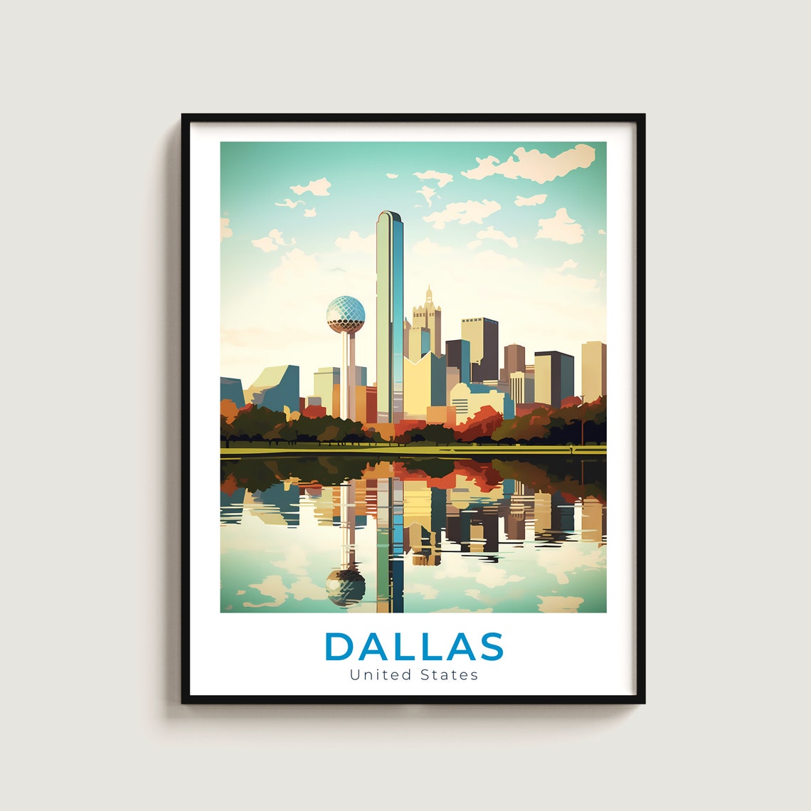 Dallas Texas Reunion Tower Skyline Water Reflection Travel Poster