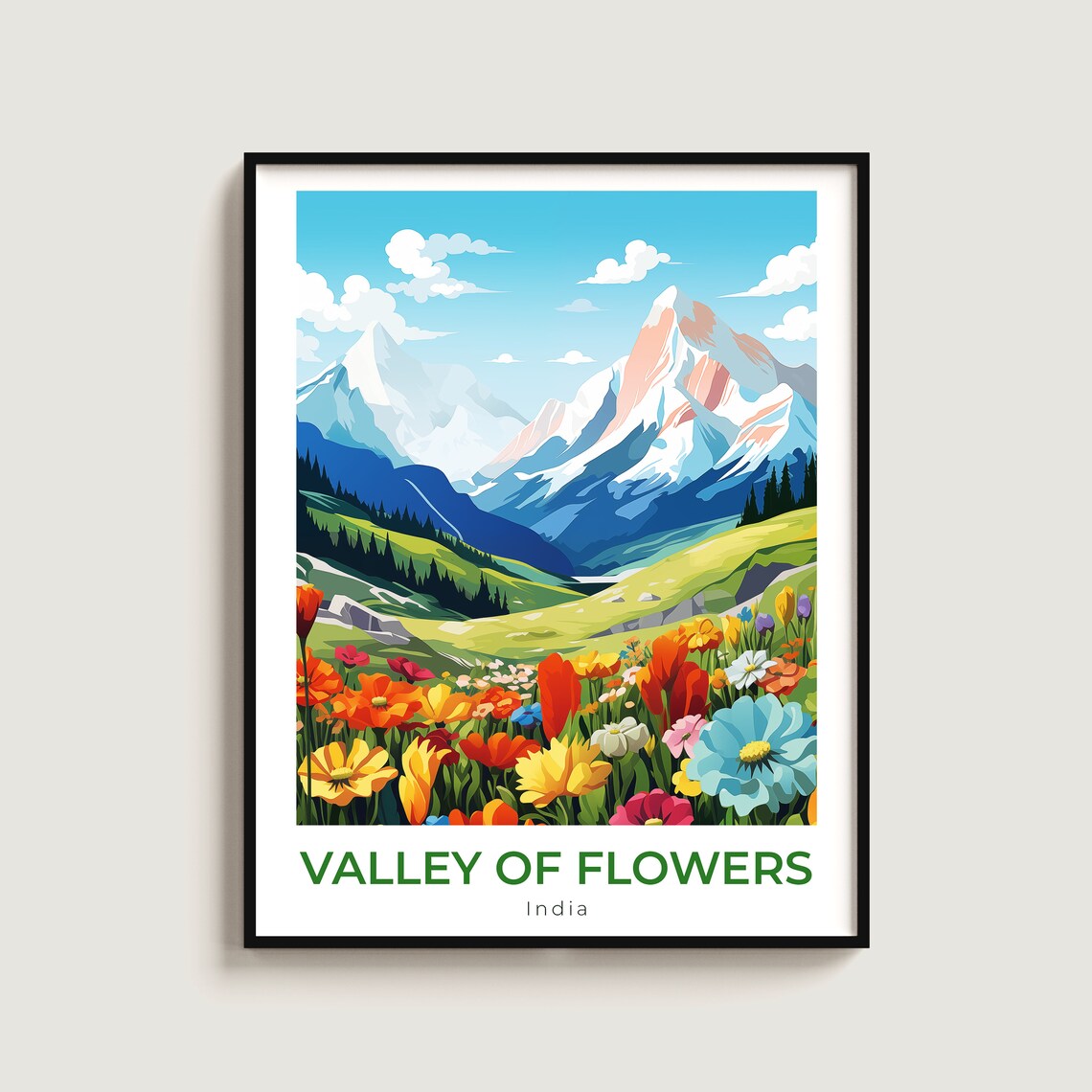 Valley of Flowers India Alpine Meadow Snow Peak Bloom Art Poster