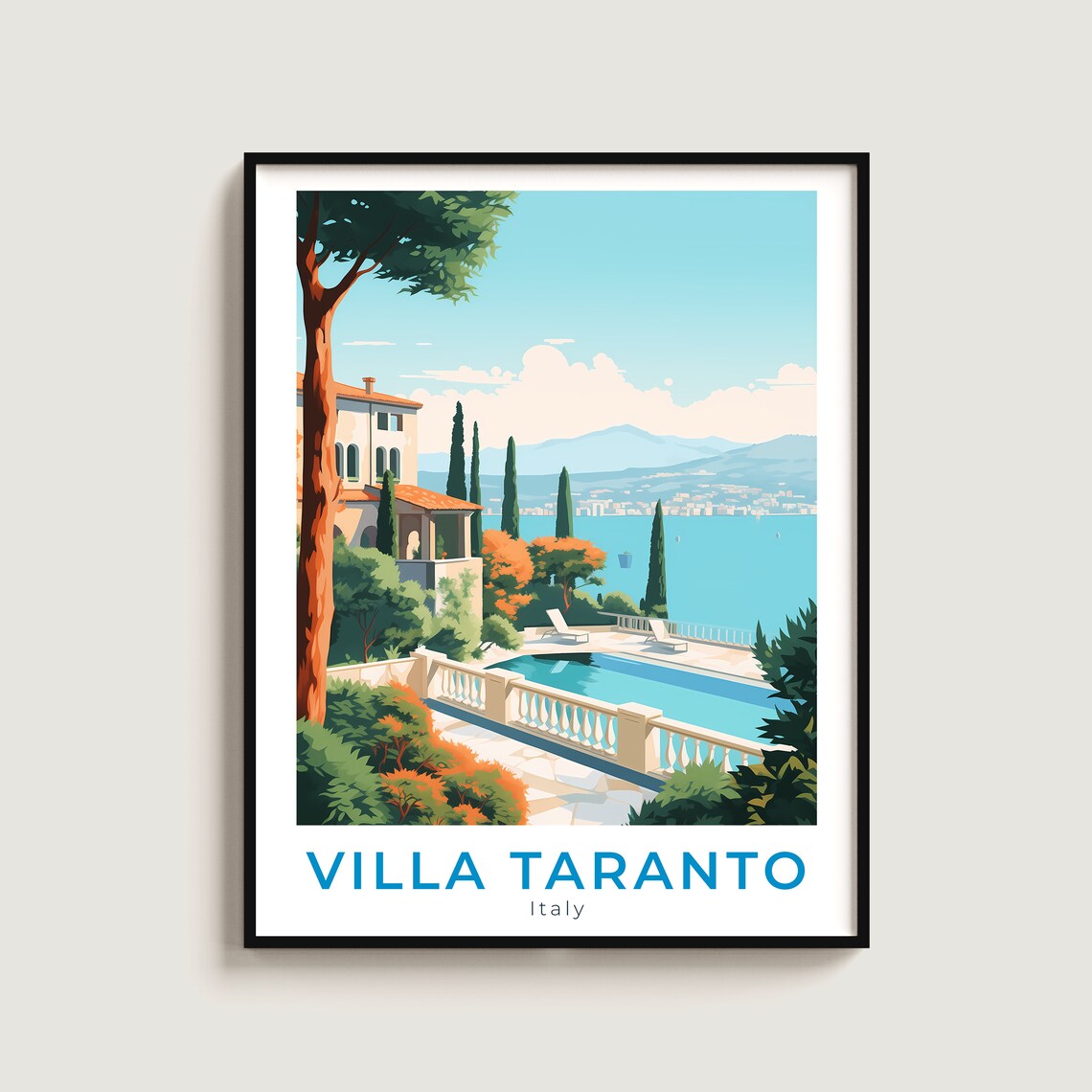 Villa Taranto Italy Terrace Pool Lake View Vintage Travel Poster
