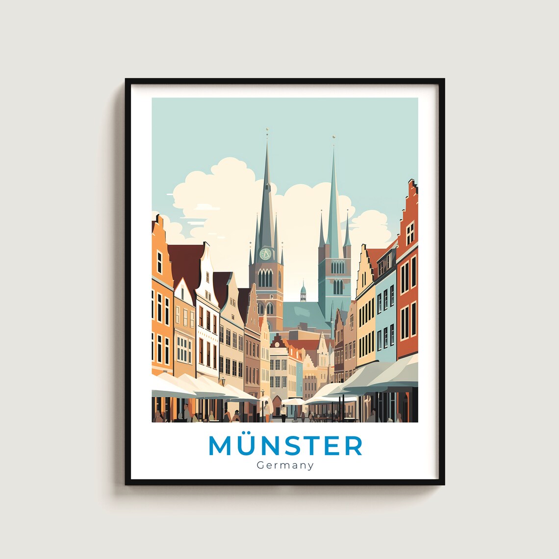 Münster Germany Twin Spire Church Old Town Street Travel Poster